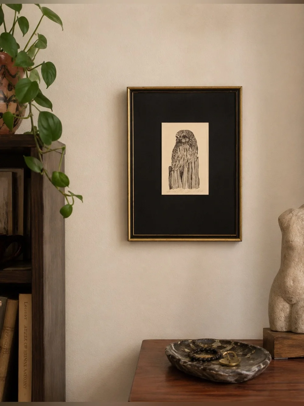 Vintage 70’s Owl Framed Art Print Black Mat Gold Frame Eclectic Woodland Home